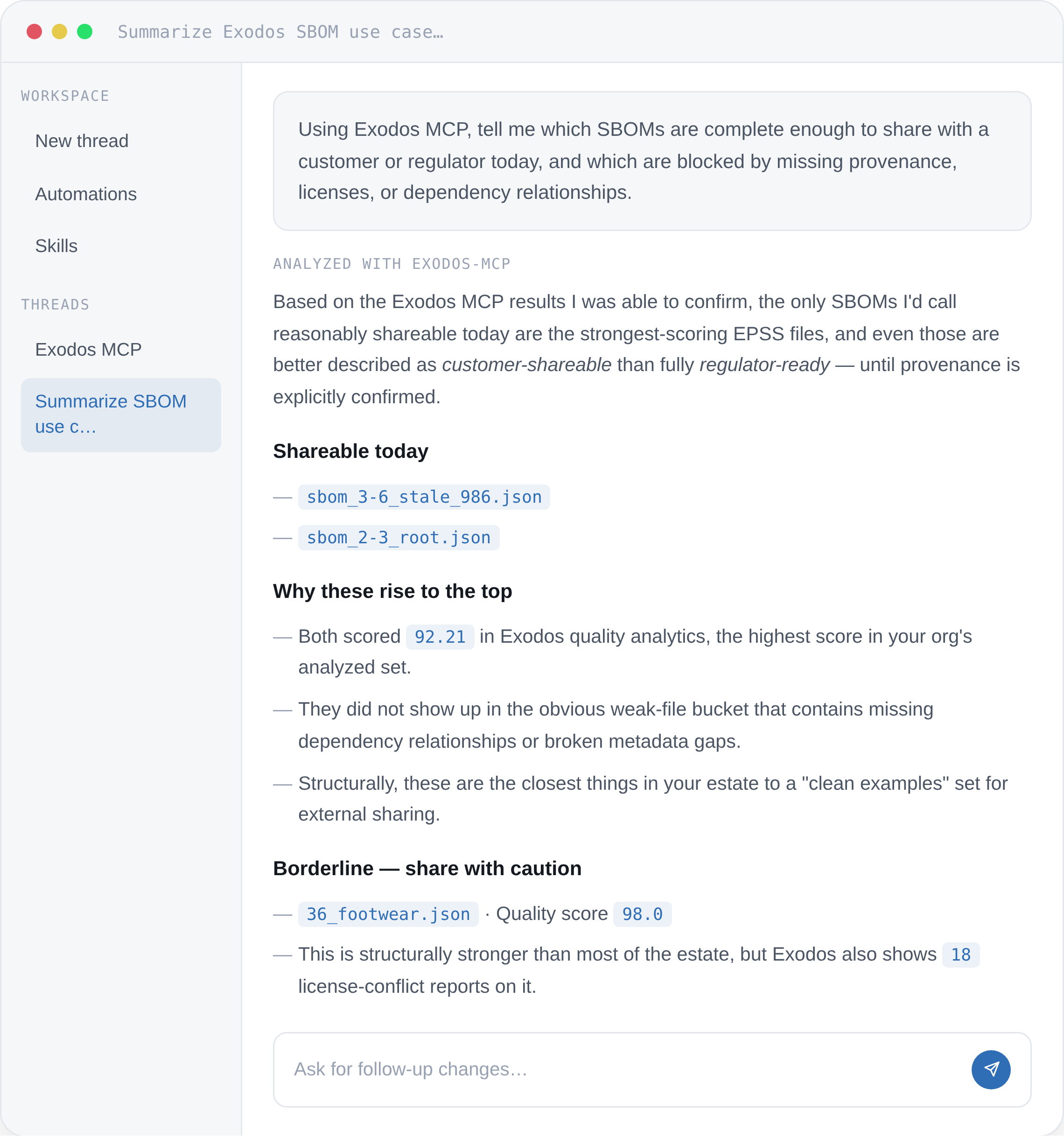 Illustrative AI assistant conversation using Exodos MCP to analyze SBOMs and software supply chain data